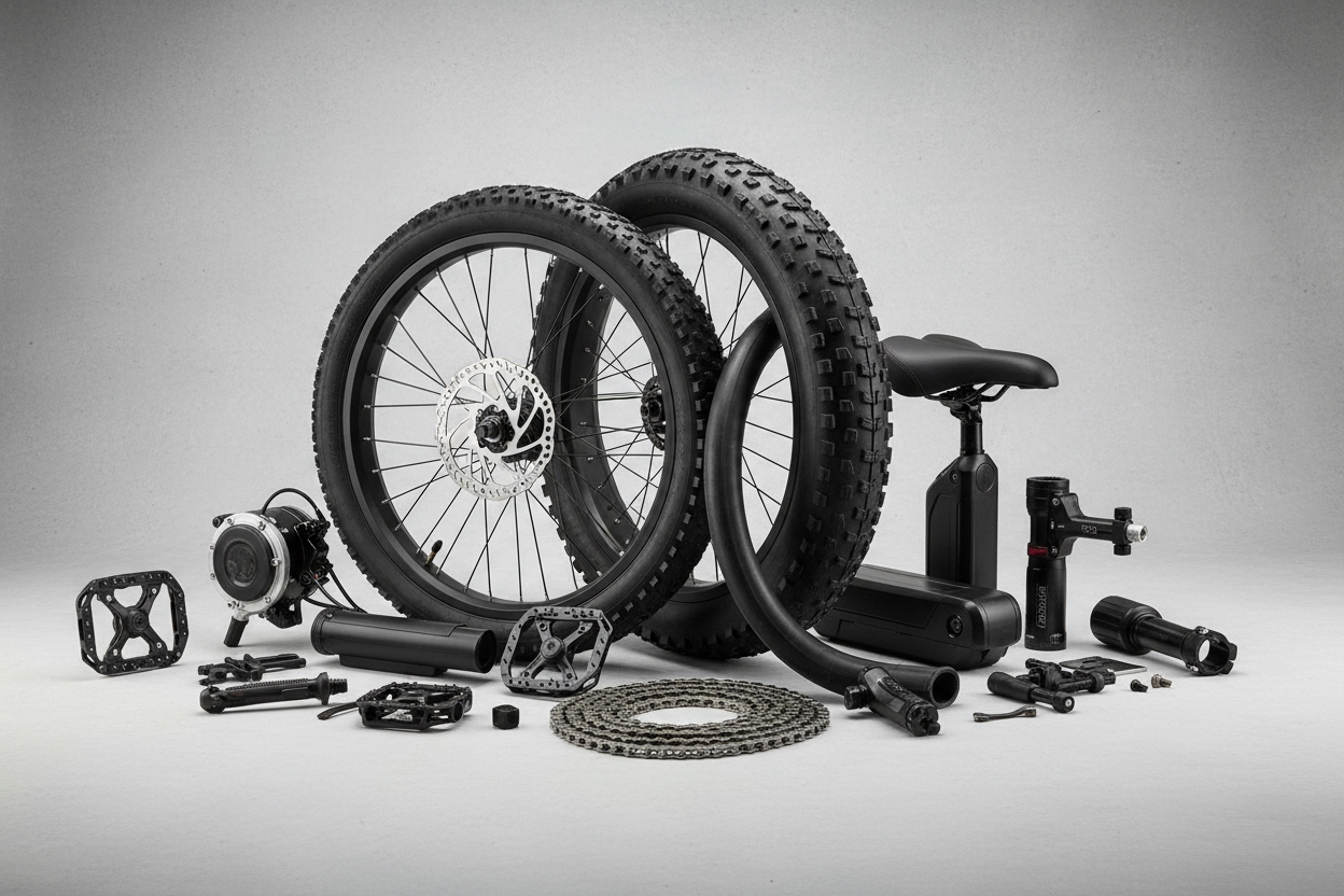 a e-bike brand hero "parts" collection banner image of bike parts, eg. tyres, tubes, chains, wheels etc